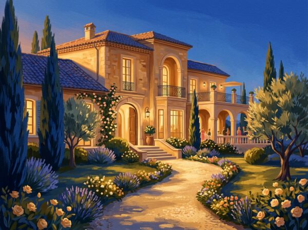 A grand villa at golden hour, the kind of prize featured in a silent auction
